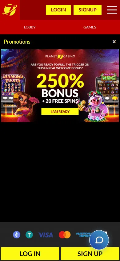 Planet 7 Oz Casino mobile promotions page