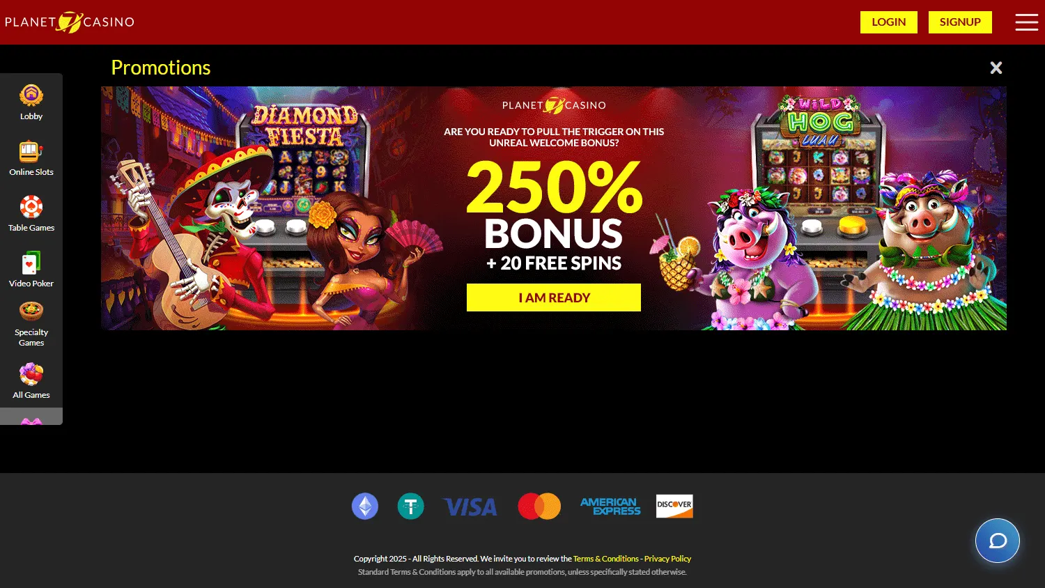 Planet 7 Oz Casino desktop promotions page