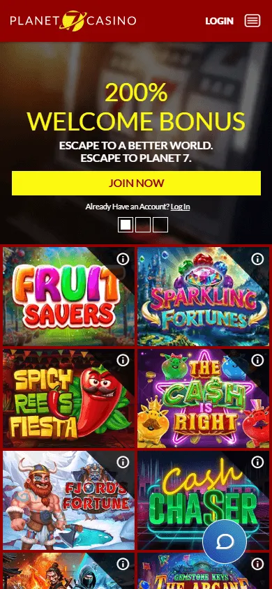 Planet 7 Oz Casino mobile home page