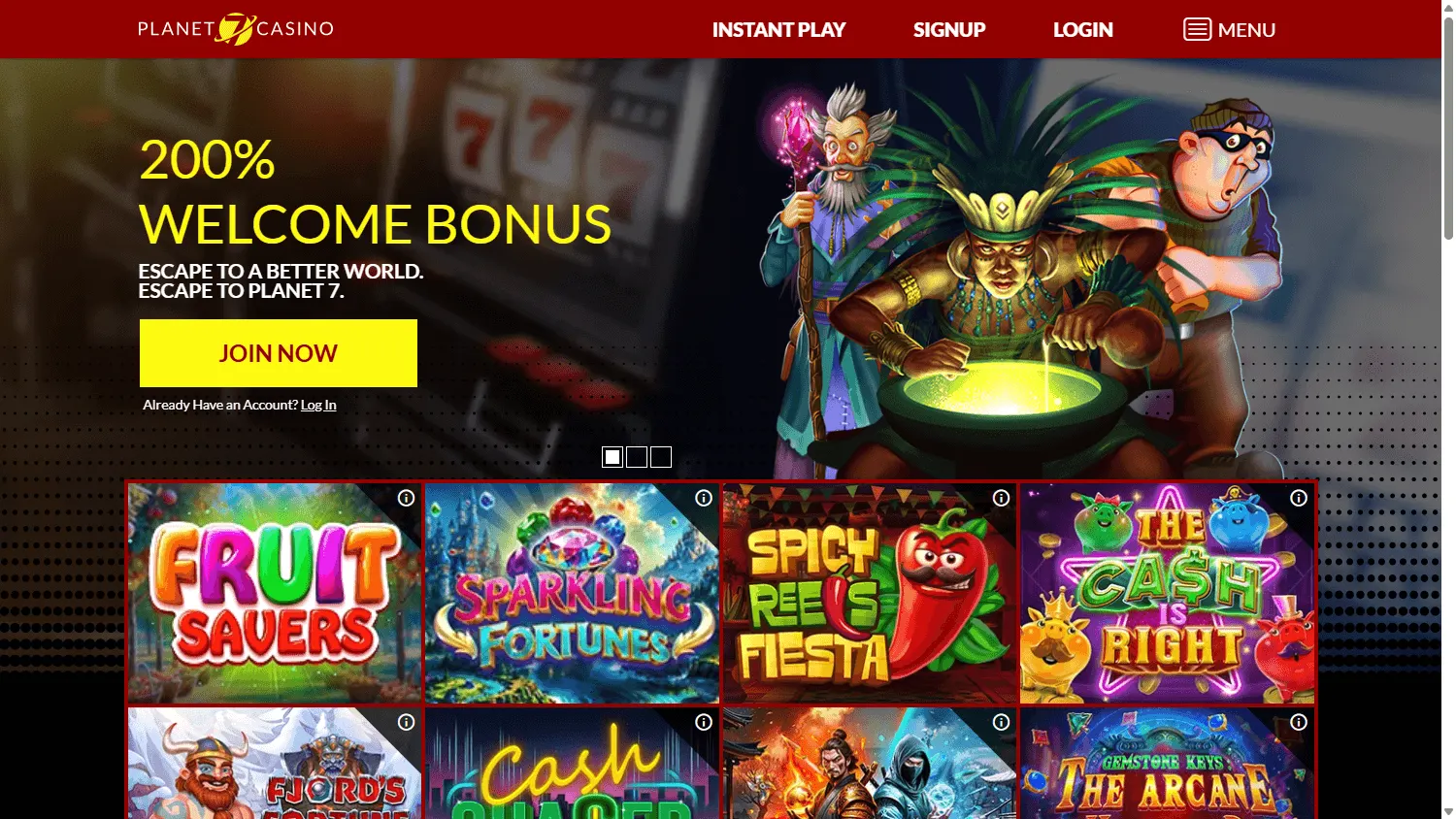 Planet 7 Oz Casino desktop home page